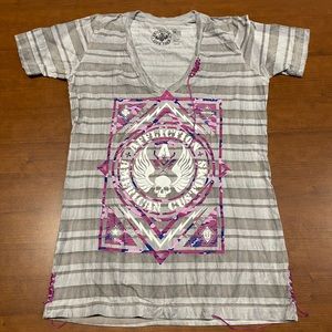 Affliction Grey Striped Large Tee Shirt
